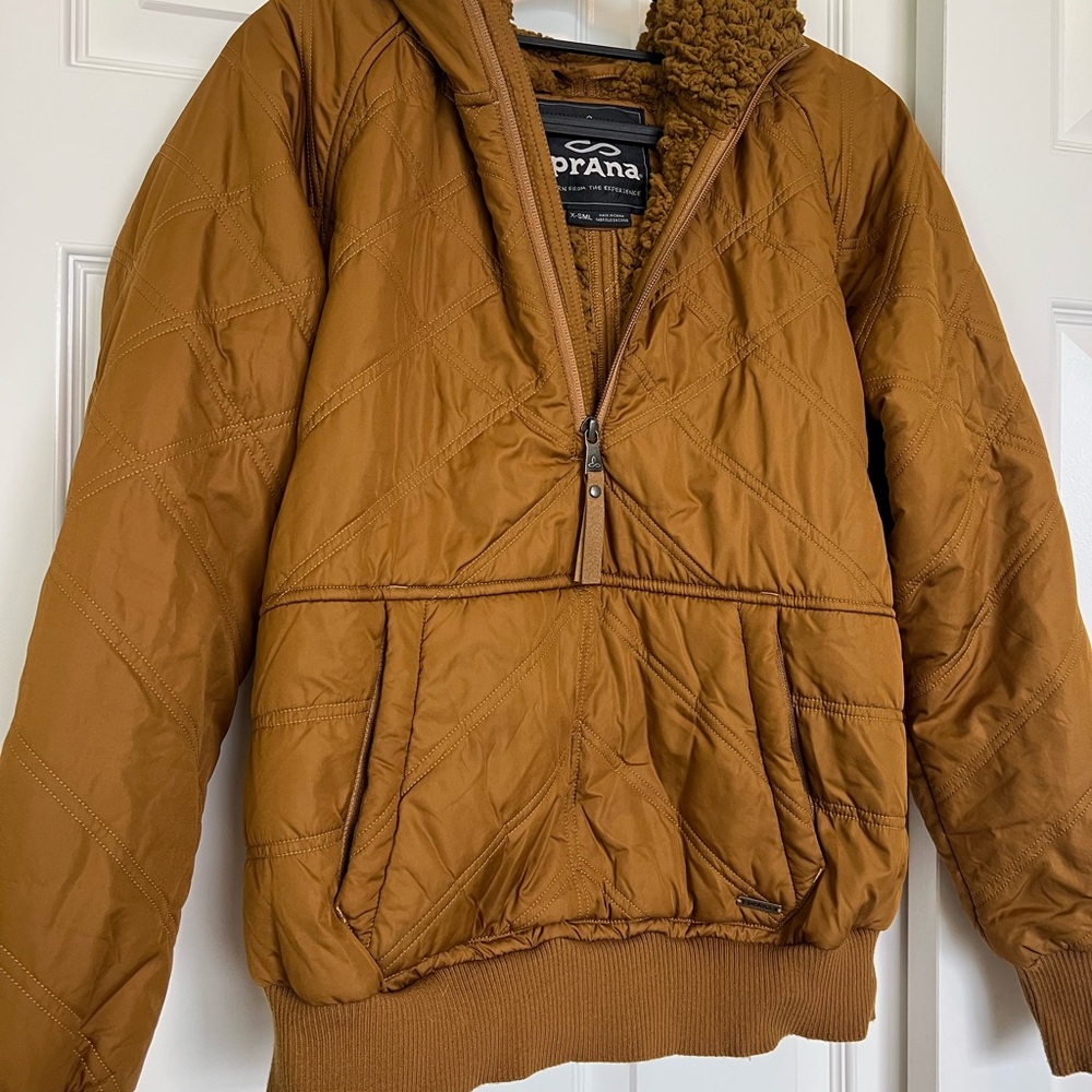 prAna Elsa Half Zip Tan Quilted Sherpa Lined Hooded Jacket